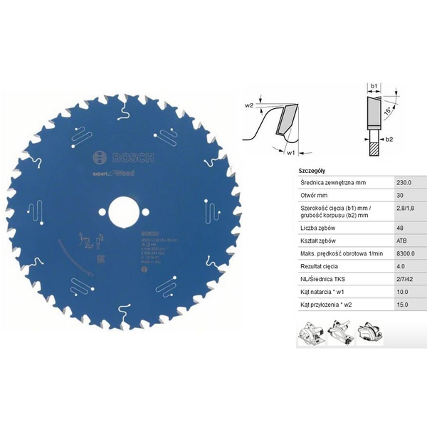 Bosch EXPERT Wood körfűrészlap 230x2,8/1,8 30 T48 fog, ATB kézi fűrészekhez, fához