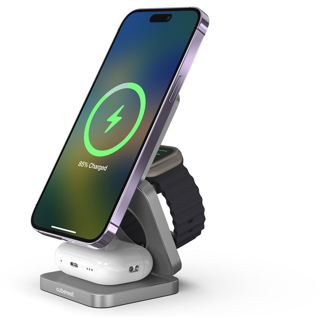 CubeNest S312 Pro Space Grey vezeték nélküli mágneses töltő 3 az 1-ben MagSafe támogatással (6974699970972)