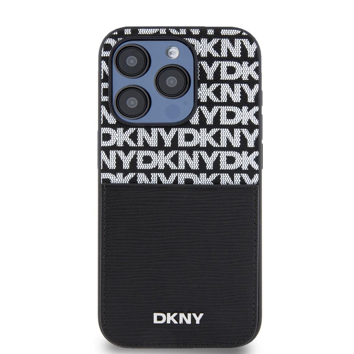 DKNY iPhone 15 Pro Max MagSafe Kártyatartós Ismétlődő mintás PU Bőr Telefon tok - Fekete (DKHCP15XPCRTHLK)