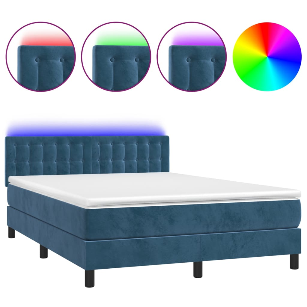 sötétkék bársony rugós és LED-es ágy matraccal 140x190 cm (3134643)