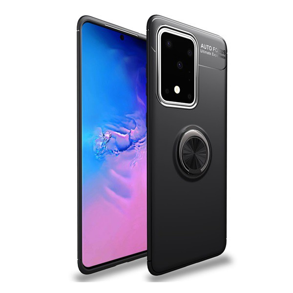 Szilikon telefonvédő (asztali tartó funkció, telefontartó gyűrű, 360°-ban forgatható, beépített fémlemez) FEKETE [Samsung Galaxy S20 Ultra 5G (SM-G988B)] (5996457934782)