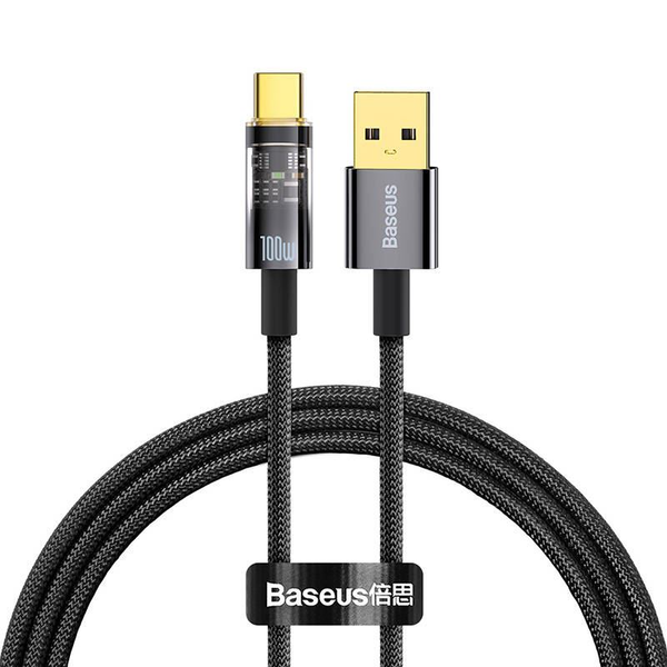 Кабел за данни и зареждане Baseus, USB към USB-C Baseus Explorer, 100 W, Бързо зареждане, 1 м, Черен