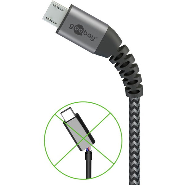 USB 2.0 Kabel, USB-A Stecker > Micro-USB Stecker (grau/silber, 1 Meter, gesleevt, Metallstecker)