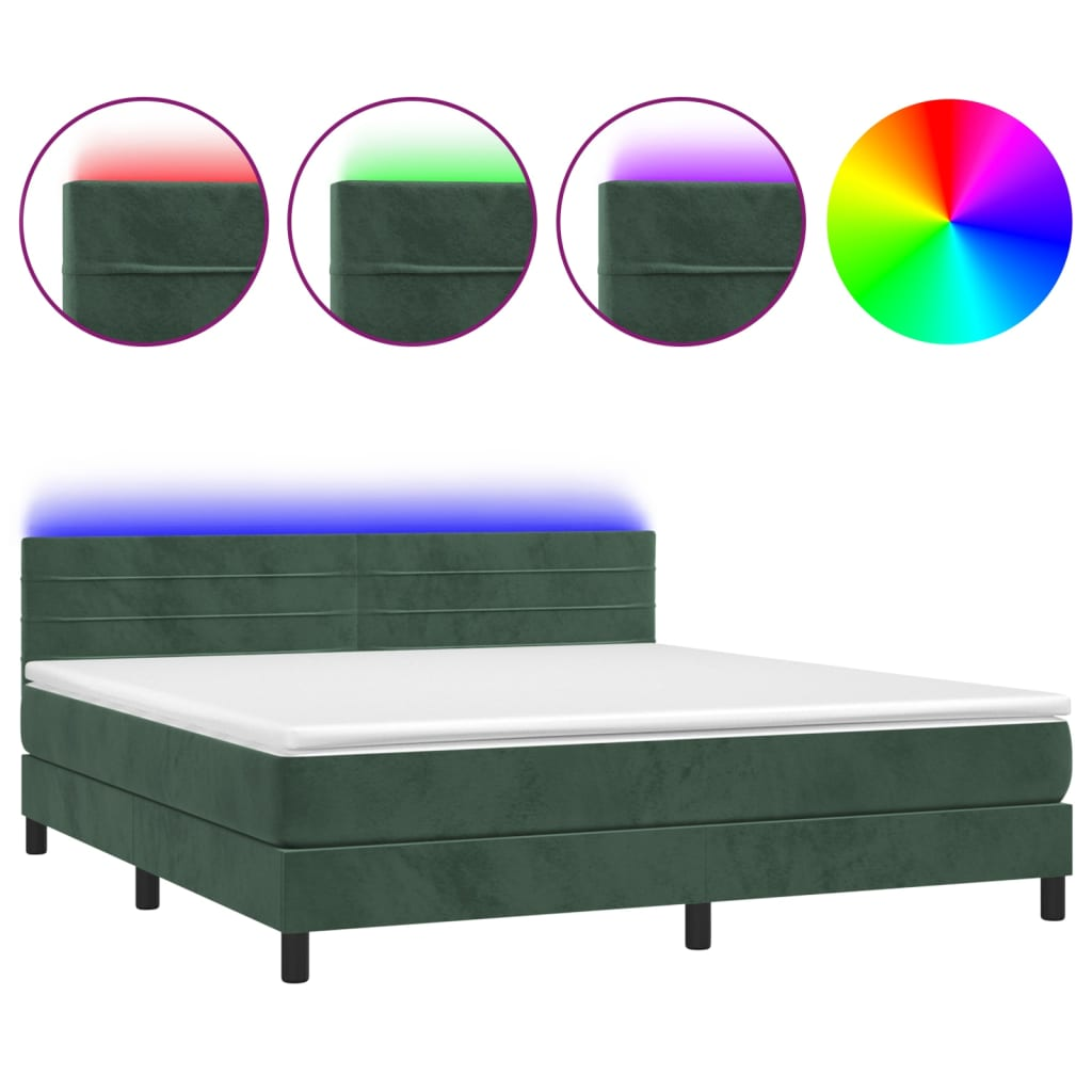 sötétzöld bársony rugós és LED-es ágy matraccal 180x200 cm (3134480)