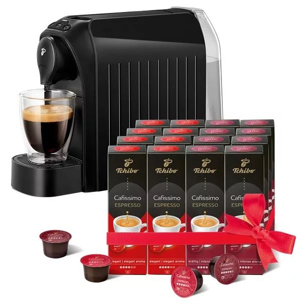 TCHIBO Cafissimo Easy kapszulás kávéfőző fekete+ Espresso Elegant Aroma 8*10db kapszula + Espresso Intense Aroma 8*10db kapszula
