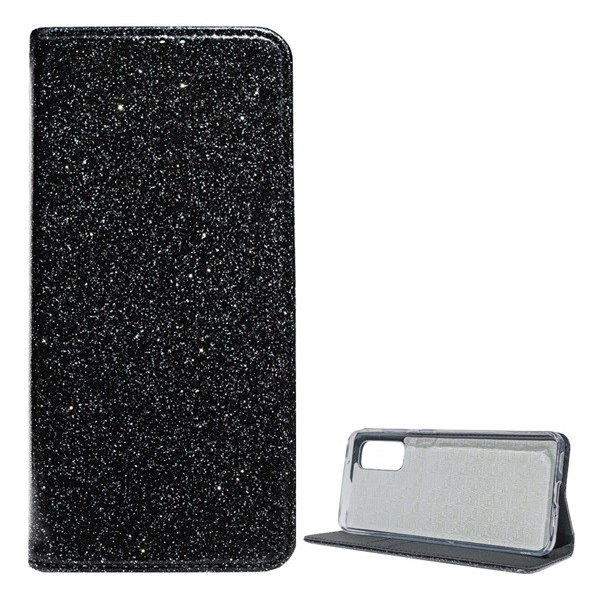 Tok álló, bőr hatású (FLIP, szilikon belső, oldalra nyíló, asztali tartó funkció, bankkártya tartó, csillogó) FEKETE [Samsung Galaxy S20 5G (SM-G981U)] (5996457950393)