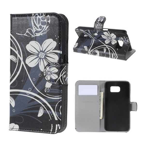 Tok álló, bőr hatású (FLIP, oldalra nyíló, asztali tartó funkció, fehér virág minta) FEKETE [Samsung Galaxy S6 (SM-G920)] (5996457535590)