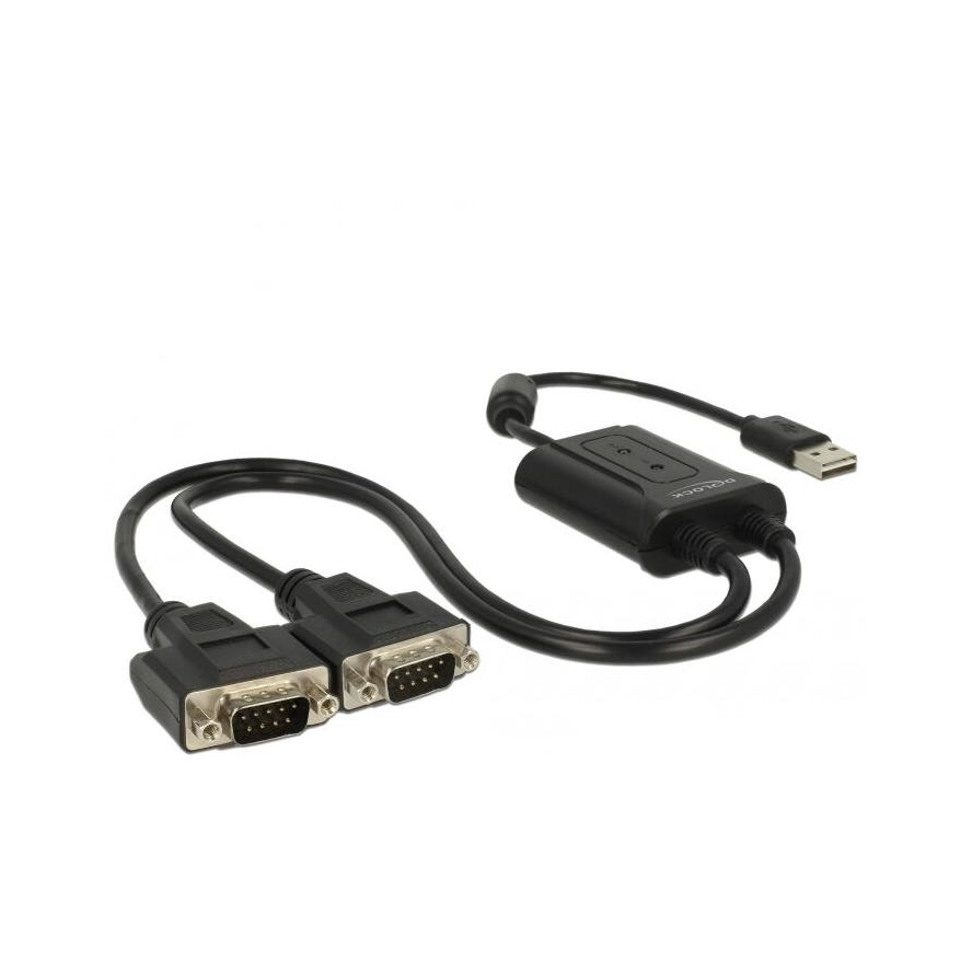 Delock USB-A 2.0 -> 2db Serial RS-232 DB9 M/M adatkábel 0.6m fekete (63950)