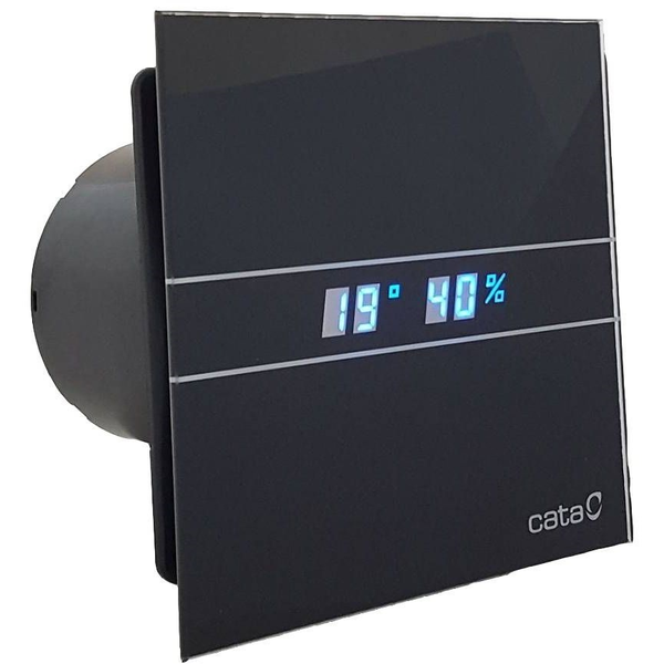 Вентилатор за баня CATA E-100 GTHBK, ф100, 115 m³/h, 8 W, 31 db, Черно стъкло, Датчик за влага и таймер , Електронен дисплей и две скорости на работа