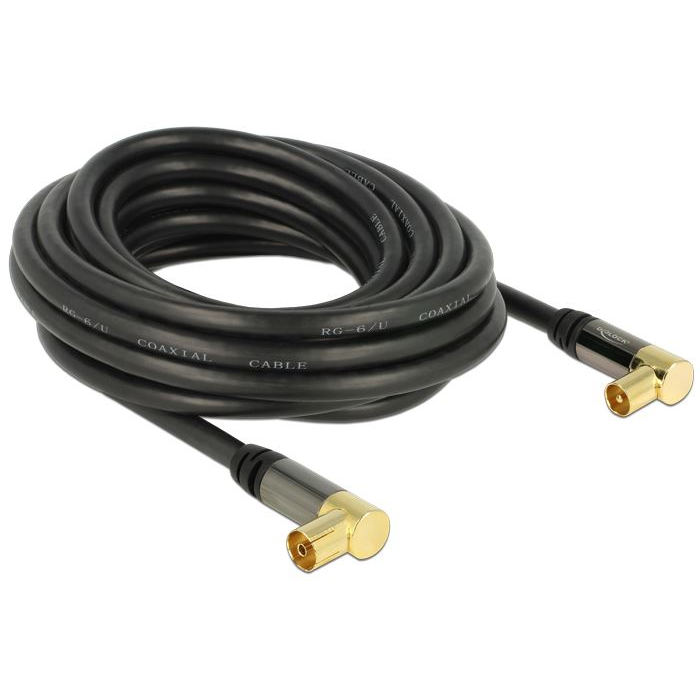 Delock IEC (koax)-dugó 90 > IEC(koax)-hüvely 90 RG-6/U antenna kábel 5m fekete (88917) (DE88917)