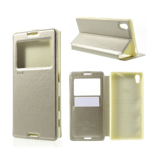 ROAR NOBLE VIEW tok álló, bőr hatású (FLIP, oldalra nyíló, asztali tartó funkció, View Window) ARANY [Sony Xperia Z5 (E6653)] (5996457585229)