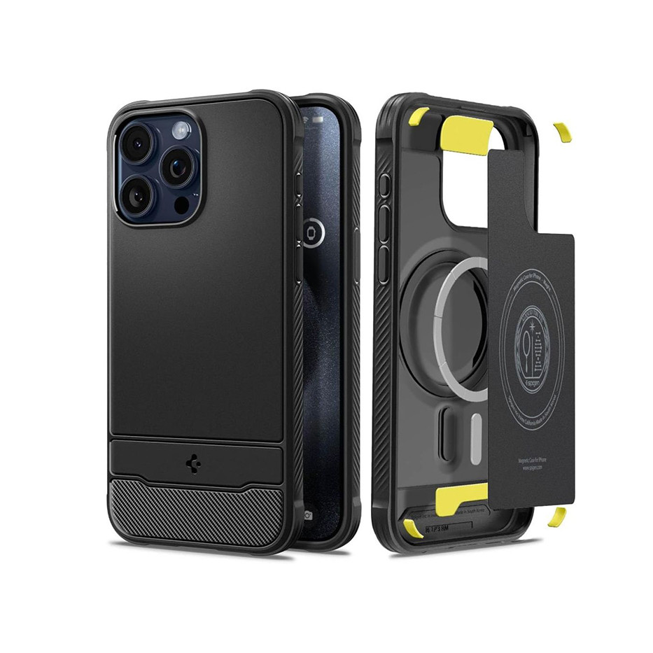 Apple iPhone 15 Pro ütésálló hátlap - Spigen Rugged Armor MagSafe - fekete (SP750349)