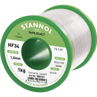 Forrasztóón, ólommentes Tekercs, Ólommentes Stannol HF34 1,6% 1,0MM FLOWTIN TC CD 1000G Sn99.3Cu0.7 1000 g 1 mm (580101)