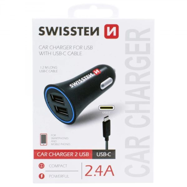 SWISSTEN Szivargyújtós USB Gyorstöltő + 1,2m USB-C Kábel 2400mA (3020110908) (s3020110908)