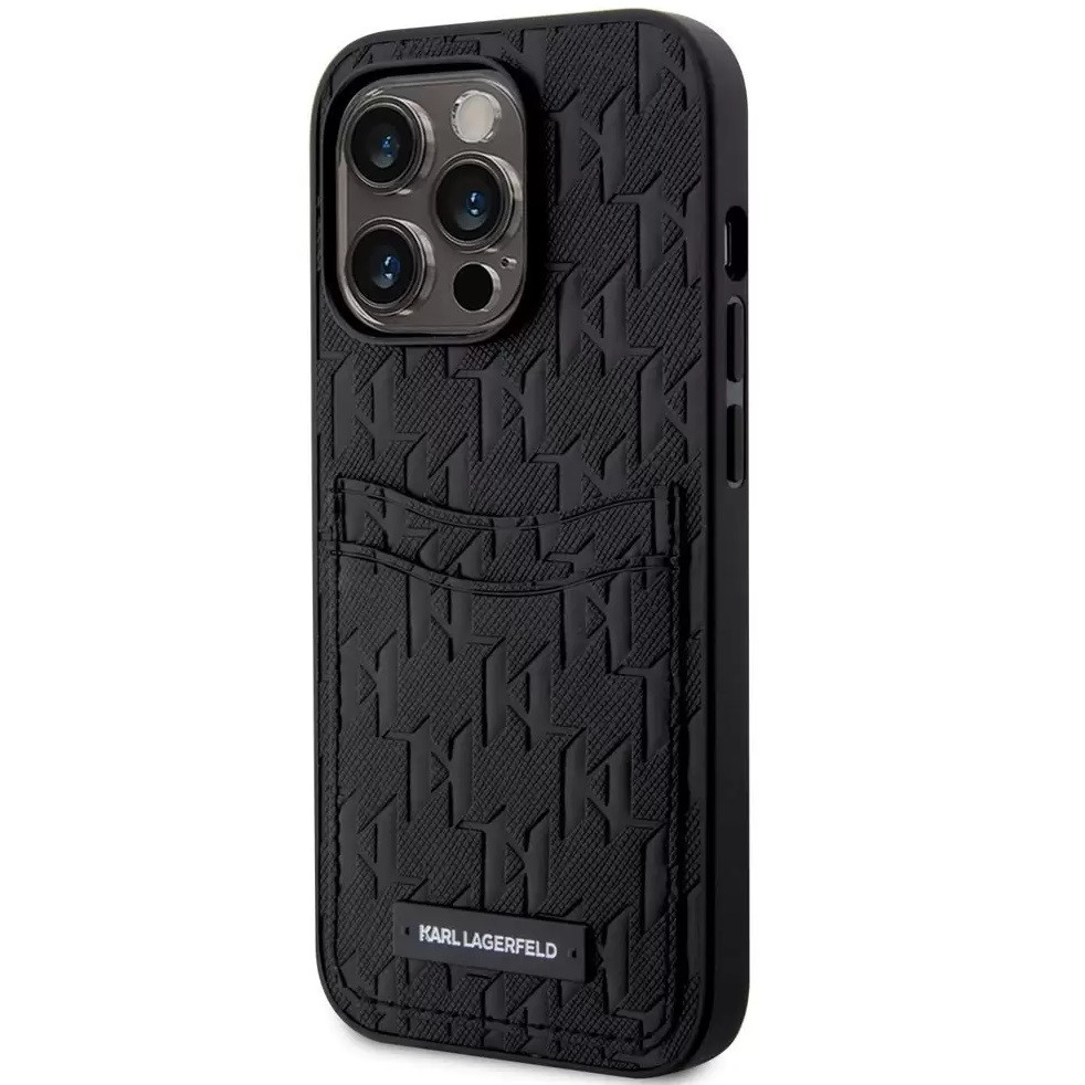 Apple iPhone 14 Pro Max, Műanyag hátlap védőtok + szilikon keret, bőrhatású hátlap, kártyatartóval, 3D monogram minta, Karl Lagerfeld Saffiano Monogram Cardslot, fekete (XP127885)