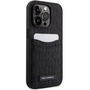 Apple iPhone 14 Pro Max, пластмасов заден капак + силиконова рамка, заден капак с ефект на кожа, с държач за карти, 3D модел монограм, слот за карти Karl Lagerfeld Saffiano Monogram, черен (XP127885)