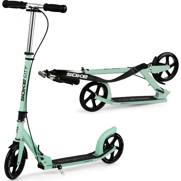 Klasszikus roller, SOKE City, zöld, összecsukható, 20 cm 88A PU kerekek, ABEC-9 csapágy, kézi és lábfék, állítható magasság, maximum 100 kg