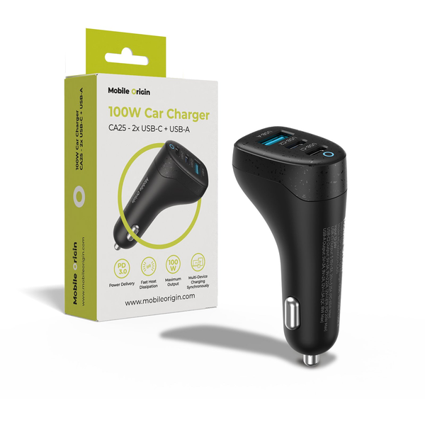 MOBILE ORIGIN 100W-os AUTÓS TÖLTŐ 2X USB-C + USB-A CSATLAKOZÓVAL AUTÓHOZ