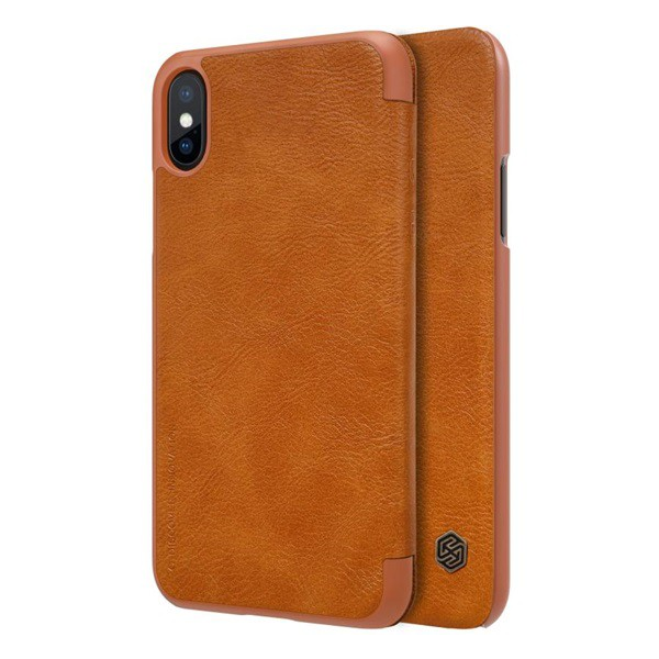 NILLKIN QIN tok álló, bőr hatású (FLIP, oldalra nyíló, bankkártya tartó) BARNA [Apple iPhone XS 5.8] (5996457720262)
