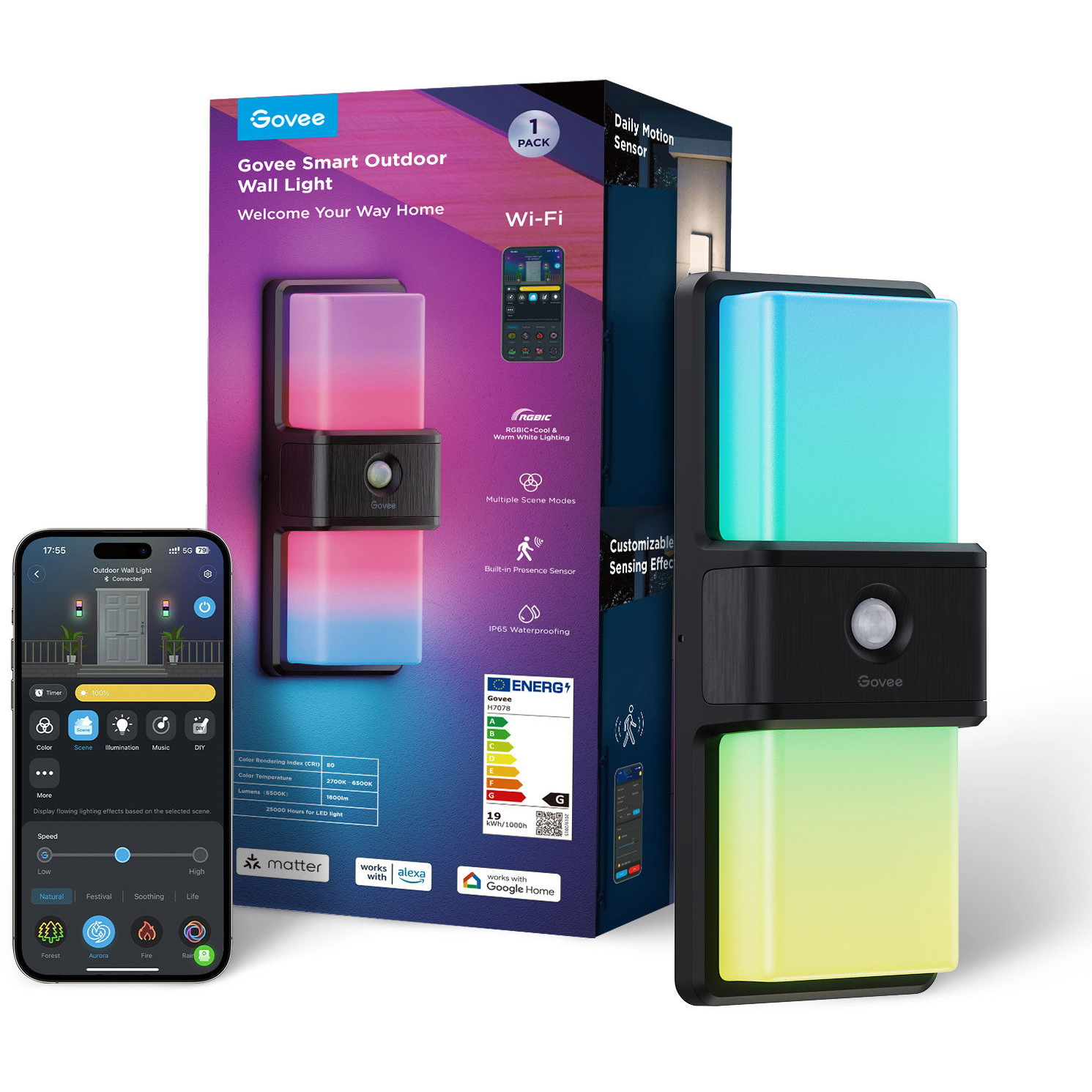 Govee RGBICWW Smart Kültéri fali lámpa, Matter, 1500 lm (H7078CD1)
