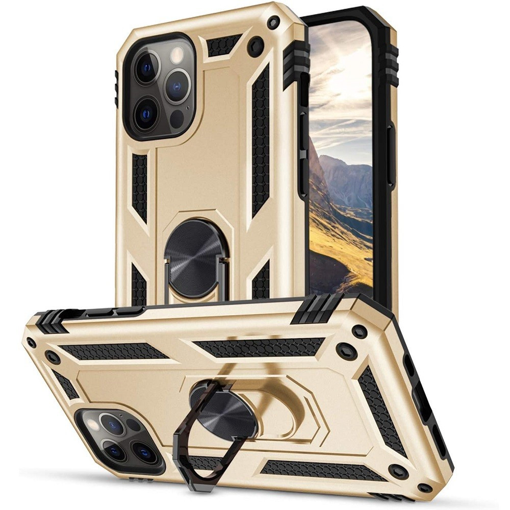 Samsung Galaxy M53 5G SM-M536B, Műanyag hátlap védőtok, közepesen ütésálló, szilikon belső, telefontartó gyűrű, Defender, arany (121091)