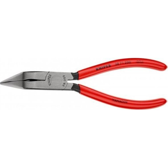 Műszerész fogó 200 mm, 70°-os szögben tört, lapos, kerek pofa, Knipex 38 71 200