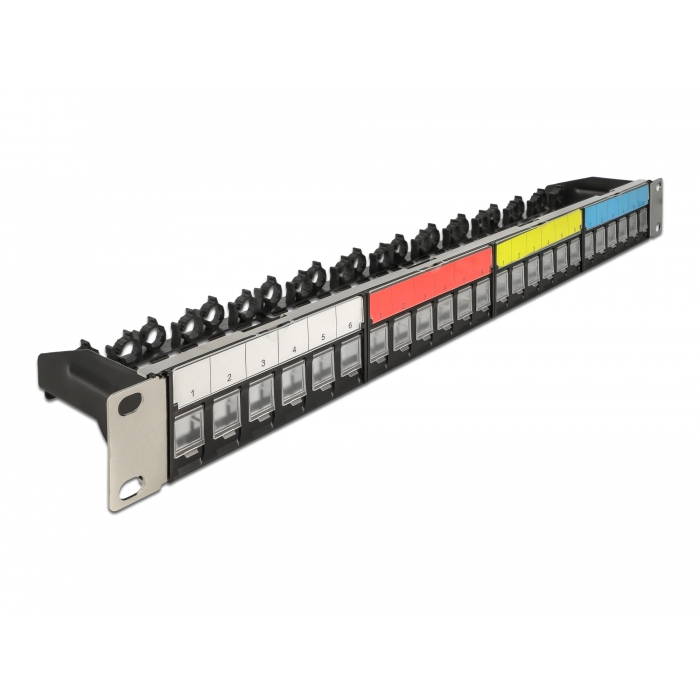 Delock 19 , 24 portos Keystone patch panel kábel rögzítő sínnek, jelző mezővel és porvédelemmel 1U fekete (66921) (66921)