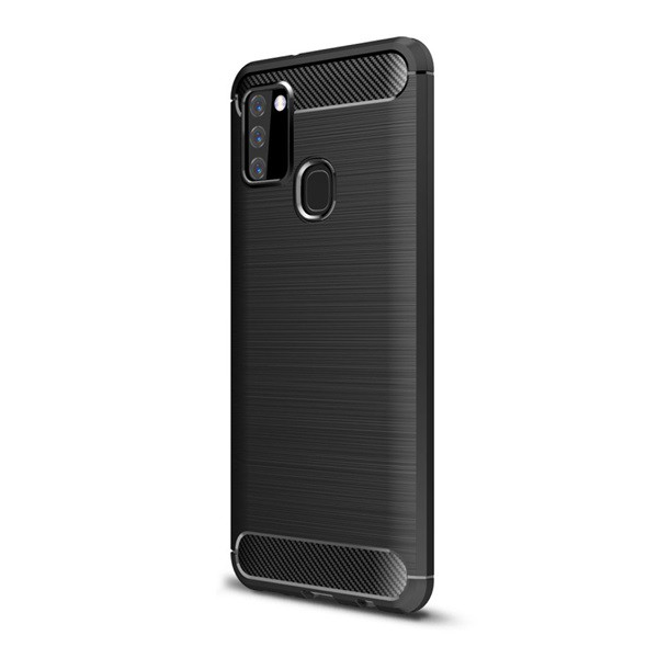 Szilikon telefonvédő (közepesen ütésálló, légpárnás sarok, szálcsiszolt, karbon minta) FEKETE [Samsung Galaxy A21s (SM-A217F)] (5996457980031)