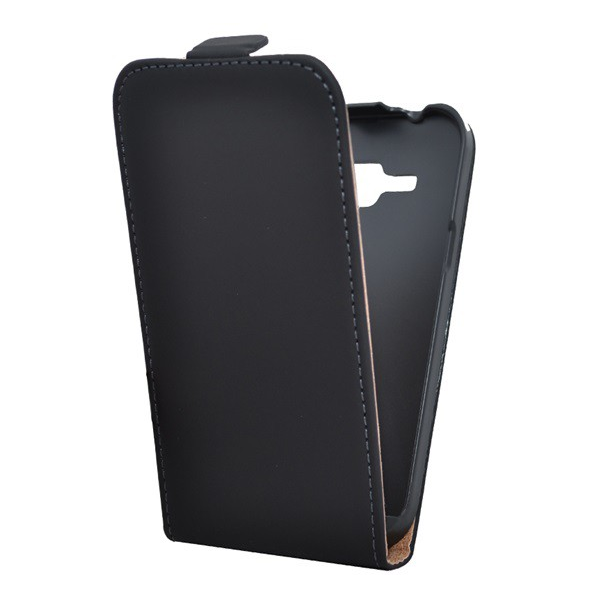 Tok álló, bőr hatású (FLIP, lefelé nyíló, szilikon tartó) FEKETE [Samsung Galaxy J1 (SM-J100)] (5996457548361)