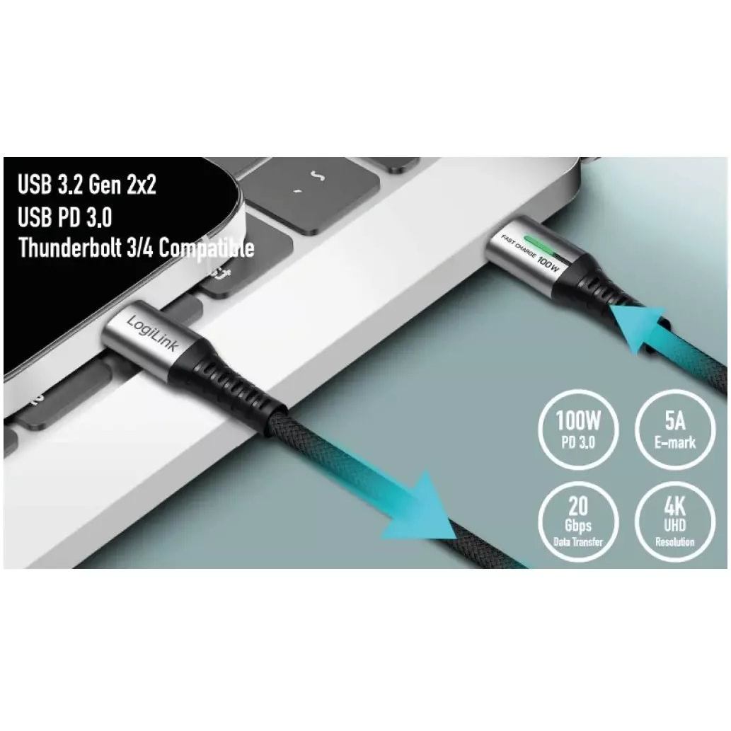 Logilink USB 3.2 Gen2x2 Type-C kábel, C/M - C/M, 20Gbps, 100W, 4K, LED, fém, fekete, 1 m (CU0432)