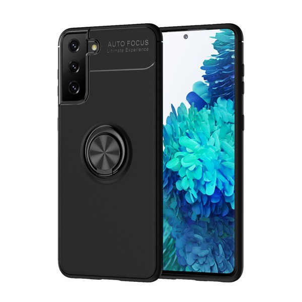 Defender műanyag telefonvédő (közepesen ütésálló, szilikon belső, telefontartó gyűrű, beépített fémlemez) FEKETE [Samsung Galaxy S21 Plus (SM-G996) 5G] (5996591034874)