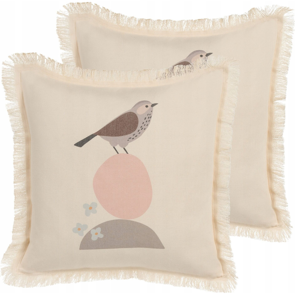 Conjunto De Cojines Almohadas Minimalista Motivo Pájaro Impresión Flecos Borlas 60 X 60 Cm Beige Wattle - Beige