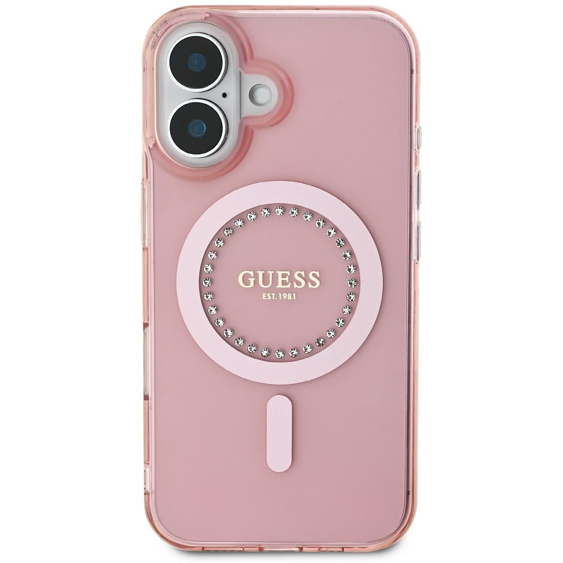 Guess IML Rhinestones Ring MagSafe iPhone 16 Pink tok (GUHMP16SPFTDTEP)