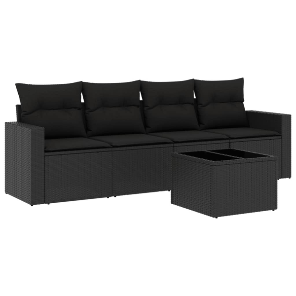 Set mobilier de grădină cu perne, 5 piese, negru, poliratan