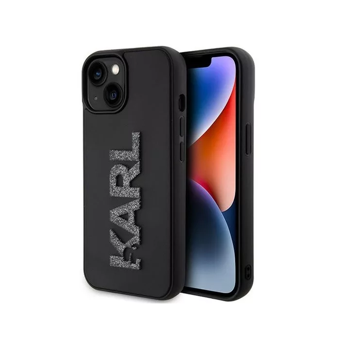 Karl Lagerfeld 3D Rubber Glitter Logo Apple iPhone 15 Plus Tok - Fekete (KLHCP15M3DMBKCK)