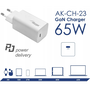 Зарядно устройство Akyga AK-CH-23 65W GaN USB-C, компактно, бързо зареждане, за телефони и таблети
