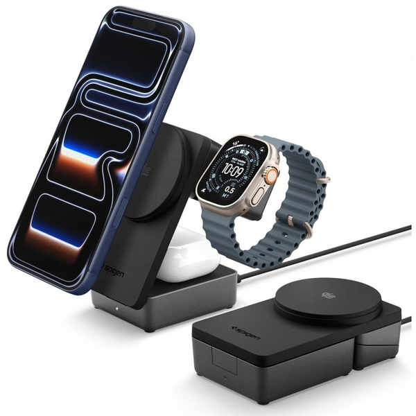 Indukční nabíječka Spigen Essential 3v1 25W Qi2.2 MagSafe černá