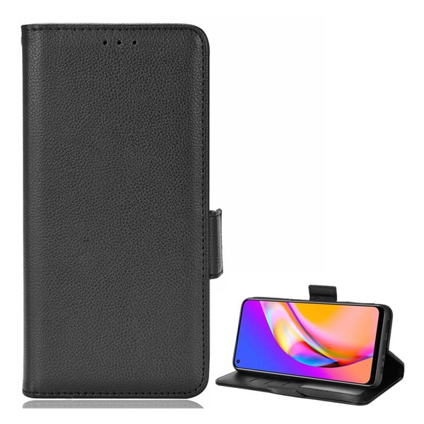 Tok álló, bőr hatású (FLIP, oldalra nyíló, asztali tartó funkció, prémium) FEKETE [Oppo Reno 5 Lite] (5996591134574)