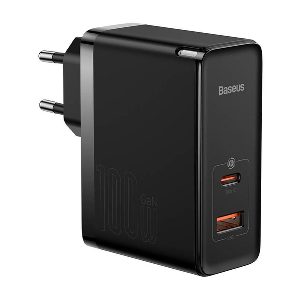 Baseus GaN USB-C + USB fali töltő 100W 1m kábel fekete (CCGP090201)