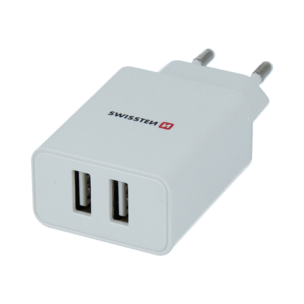 Swissten 22057000 2x USB Type-A Smart IC Hálózati töltő + 1.2m Lightning kábel - Fehér (5V / 2.1A)
