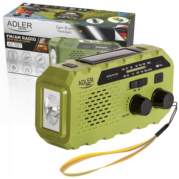 Přenosné solární rádio s kličkou dynamo, svítilnou, USB, SOS alarmem Adler