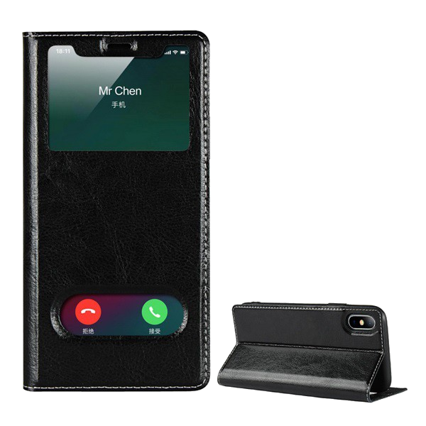 Калъф изправен, естествена кожа (FLIP, странично отваряне, функция за държач за маса, Dual View Window) ЧЕРЕН [Apple iPhone XS Max 6.5] (5996457839124)