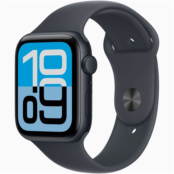 Apple Watch SE 3 GPS 44 мм, черен алуминиев корпус, черен спортен каишка M/L