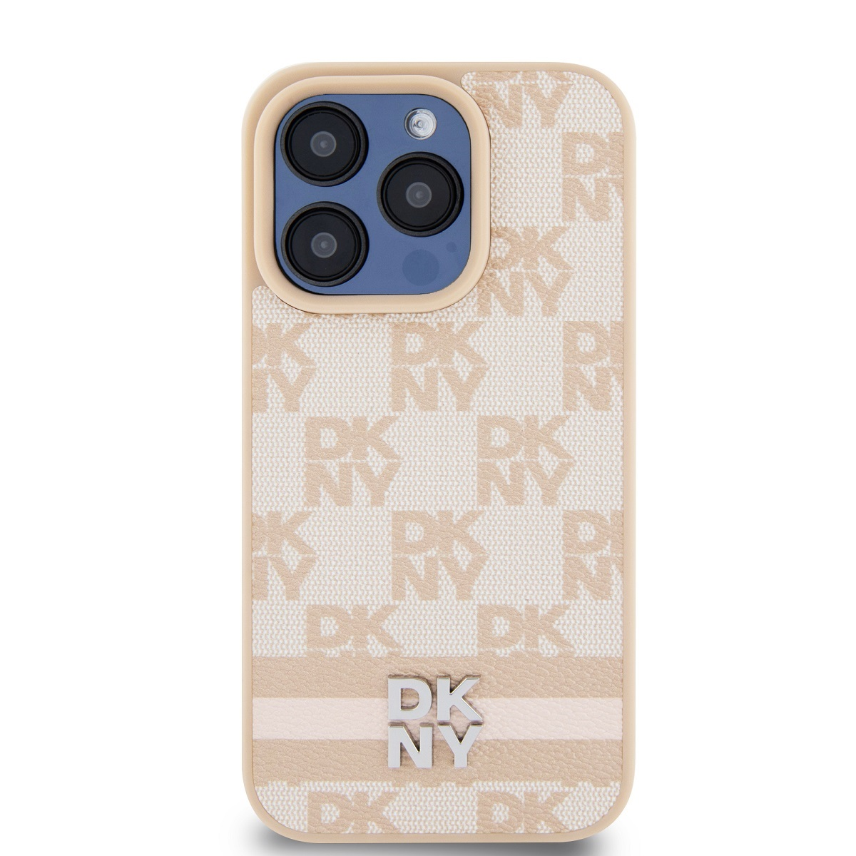 DKNY iPhone 15 Pro kockás mintás csíkkal PU Bőr Telefon tok - Pink (DKHCP15LPCPTSSP)