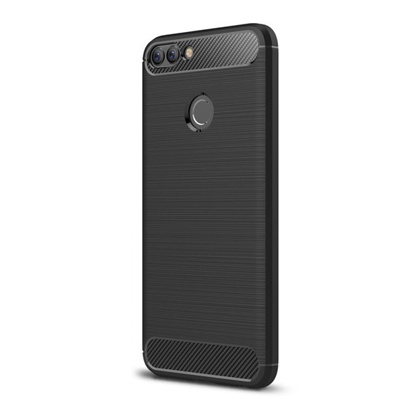 Szilikon telefonvédő (közepesen ütésálló, légpárnás sarok, szálcsiszolt, karbon minta) FEKETE [Huawei P Smart (2018)] (5996457756308)