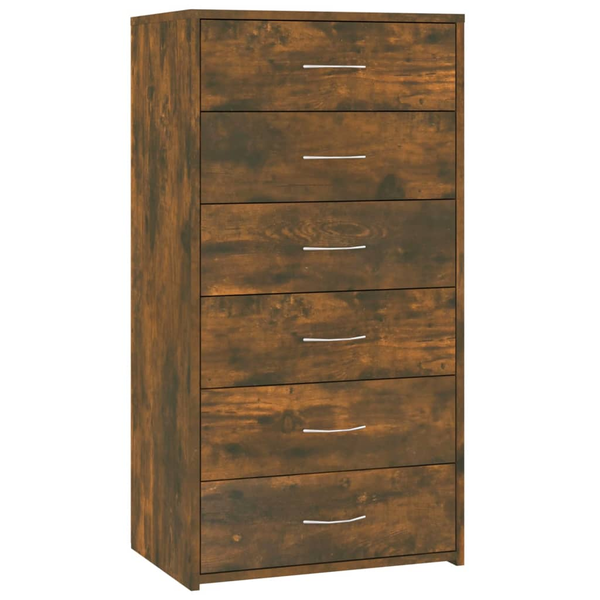 füstös tölgy színű szerelt fa komód 6 fiókkal 50 x 34 x 96 cm