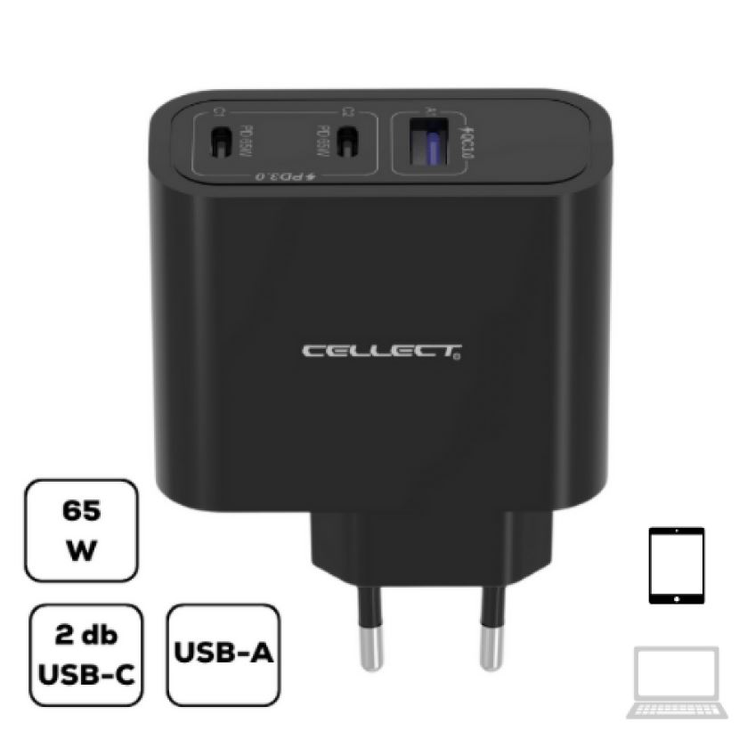 Cellec MTCB-PD65W-BK 2xUSB-C + USB-A hálózati töltő adapter gyorstöltő funkcióval fekete (MTCB-PD65W-BK)