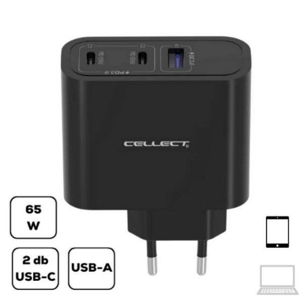 Cellec MTCB-PD65W-BK 2xUSB-C + USB-A hálózati töltő adapter gyorstöltő funkcióval fekete (MTCB-PD65W-BK)