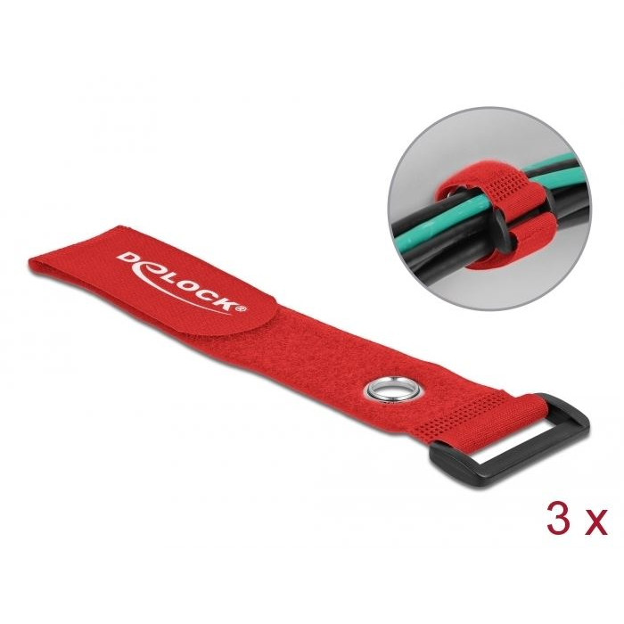 Delock befűzős kábelkötegelő tépőzárral és szorító karikával 280X38mm 3db piros (19550) (DE19550)