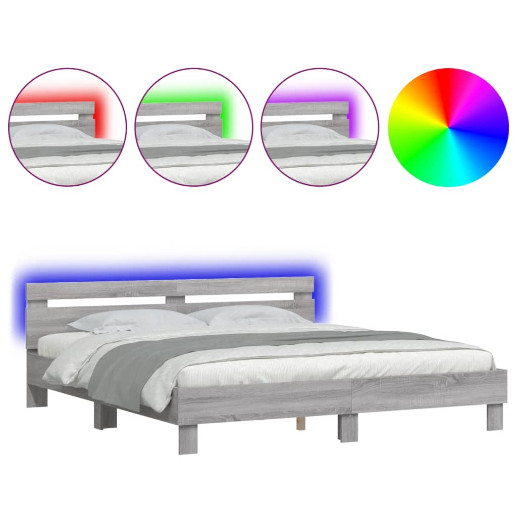 szürke sonoma színű ágykeret fejtámlával és LED-del 200x200 cm (3207523)